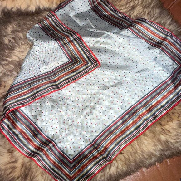 Christian Dior Vintage Silk Scarf — Red Trim Geometric Print Stripes Polkadot — - Picture 5 of 13